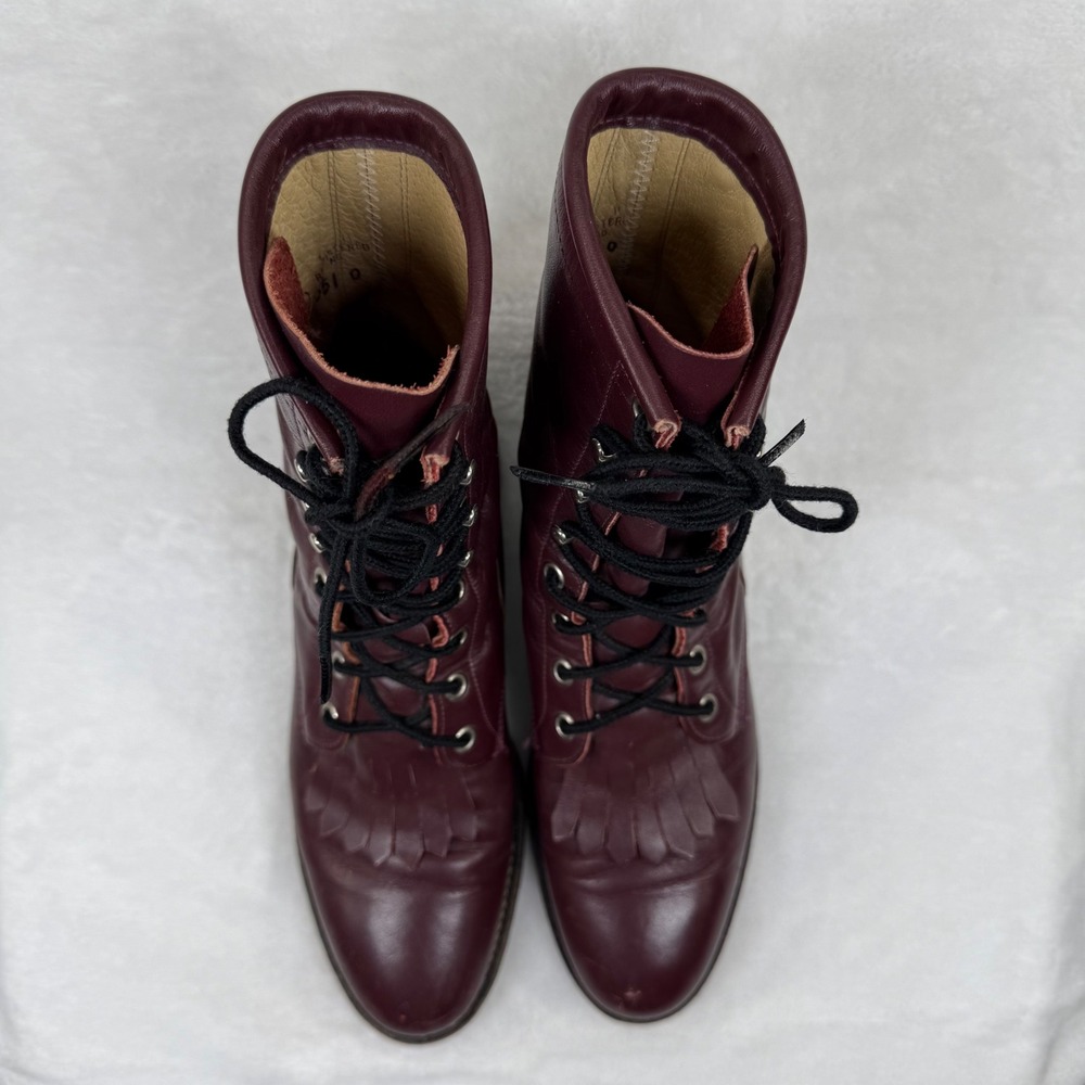 Justin L510 Burgundy Leather Lace Up Roper Boots Kiltie Fringe USA Made 7B - Picture 2 of 14